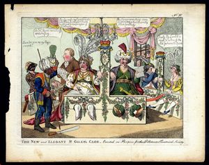James Gillray - THE NEW AND ELEGANT ST GILESS CAGE. Erected on Purpose for the Dillitanti Theatrical Society.acquaforte  cm 26,0x 20,5