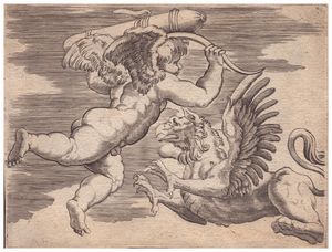 Agostino Veneziano (Agostino dei Musi), Attribuito a - Cupido ed un grifo