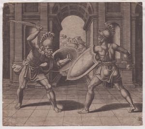 Maestro del Dado (1530-1560 fl.) - Due gladiatori che combattono