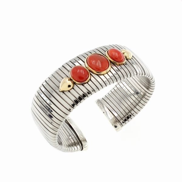 Bracciale tubogas in argento 925, oro giallo e corallo  - Asta Gioielli e Orologi Web Only - Associazione Nazionale - Case d'Asta italiane