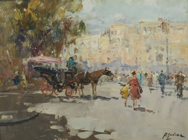 ARTISTA DEL XIX-XX SECOLO : Strada cittadina con carrozza  - Asta Asta 449 | ARTE ANTICA E DEL XIX SECOLO Virtuale - Associazione Nazionale - Case d'Asta italiane