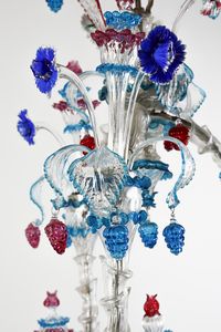 MANIFATTURA VENEZIANA DEL XX SECOLO : Lampadario in vetro di Murano incolore e policromo, arricchito da steli con corolle e decorazioni policrome  - Asta Asta 449 | ARTE ANTICA E DEL XIX SECOLO Virtuale - Associazione Nazionale - Case d'Asta italiane