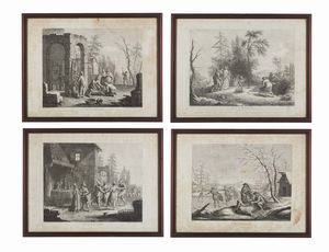 BARTOLOZZI FRANCESCO (1727 - 1815) - Gruppo di quattro acqueforti raffiguranti le allegorie del mese di gennaio, febbraio, ottobre e dicembre