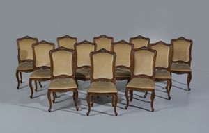MANIFATTURA DEL XIX-XX SECOLO - 12 sedie in legno intagliato in stile Luigi XV, schienale e seduta imbottiti, gambe arcuate