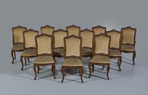 MANIFATTURA DEL XIX-XX SECOLO : 12 sedie in legno intagliato in stile Luigi XV, schienale e seduta imbottiti, gambe arcuate  - Asta Asta 449 | ARTE ANTICA E DEL XIX SECOLO Virtuale - Associazione Nazionale - Case d'Asta italiane