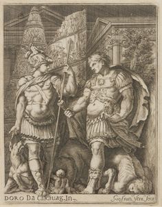CALDARA POLIDORO, DETTO POLIDORO DA CARAVAGGIO (1497 - 1543) - Da. Due condottieri abbigliati all'antica di fronte ad edifici classici