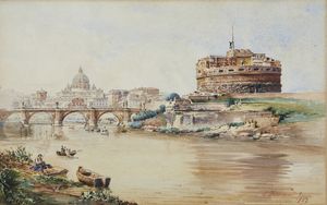 DONADONI STEFANO (1844 - 1911) - Il Tevere a Castel Sant'Angelo, la Basilica di San Pietro sullo sfondo