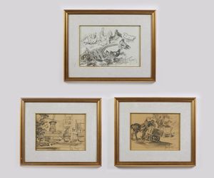 RAIMONDI ALDO (1902 - 1998) - Gruppo di tre disegni raffiguranti veduta del Moulin Rouge, paesaggio con cavallo e carretti, paesaggio con galli e galline