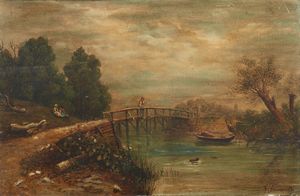 ARTISTA DEL XIX SECOLO - Paesaggio fluviale con ponte e personaggi