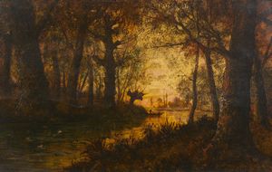 ARTISTA DEL XIX SECOLO - Paesaggio fluviale al tramonto