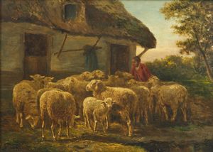 PALIZZI GIUSEPPE (1812 - 1888) - Attribuito a. Paesaggio con gregge e contadina