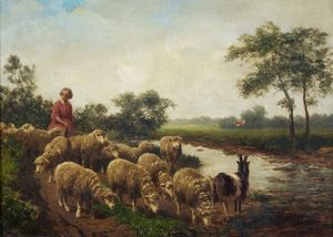 PALIZZI GIUSEPPE (1812 - 1888) - Attribuito a. Paesaggio con contadina e gregge