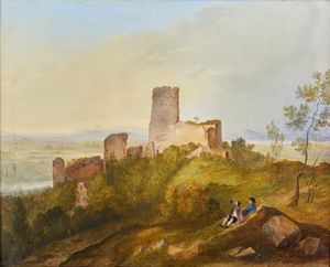 Scuola napoletana del XIX secolo - Paesaggio collinare con personaggi e rovina sullo sfondo