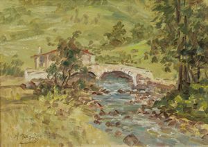 FIESSI  ANGELO (1891 - 1977) - Paesaggio con ponte ed edificio