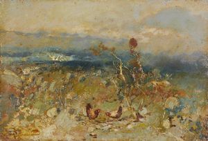 PELLICCIOTTI TITO (1871 - 1950) - Paesaggio con galline