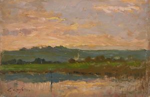 CRESSINI CARLO (1864 - 1938) - Paesaggio lagunare al tramonto