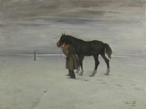 TUBINO CESARE (1899 - 1990) - Paesaggio invernale con personaggio e cavallo