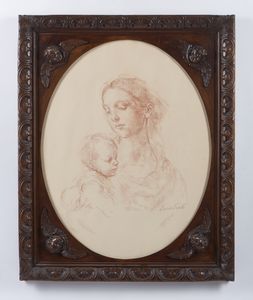 ARTISTA ITALIANO DEL XIX-XX SECOLO - Madonna con Bambino entro cornice in legno intagliato con quattro figure di putti agli angoli