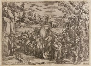 BATTISTA FRANCO (1510 - 1561) - Da. Mos fa scaturire l'acqua dalla roccia