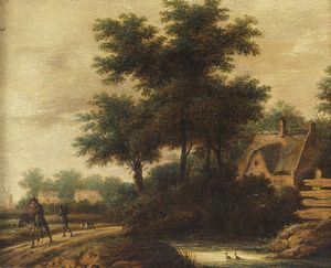 ROMBOUTS GILLIS (1630 - 1672) - Attribuito a. Villaggio con viandanti