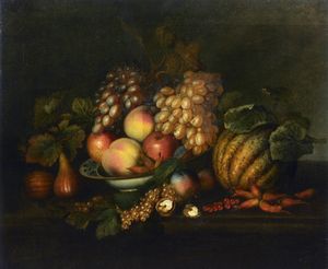 ARTISTA DEL XVIII SECOLO - Natura morta con uva, pesche, pere e melone