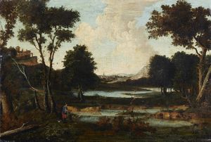 ARTISTA FRANCESE DEL XVIII SECOLO - Paesaggio fluviale con personaggio