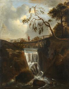 ARTISTA DEL XVIII-XIX SECOLO - Paesaggio con ponte e viandante