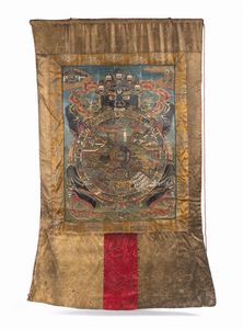 . - Tangka tibetano di ottima fattura, ricamato e dipinto a mano. Tibet, XIX sec.