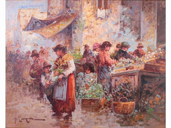 Antonio Pecoraro : Veduta di mercato con personaggi  - Asta Casa Lazzi - parte prima Arredi, dipinti, vetri di Murano, curiosit� - Associazione Nazionale - Case d'Asta italiane