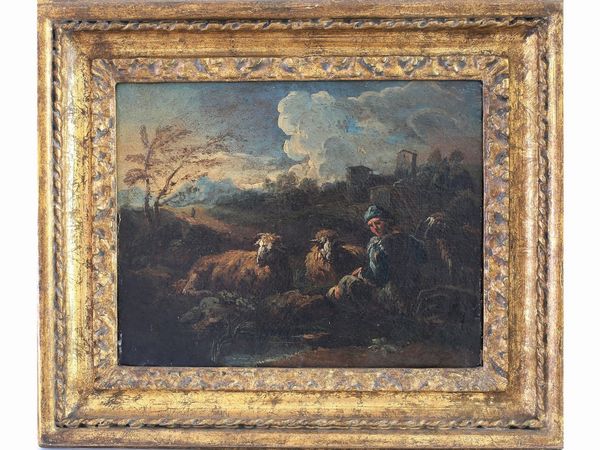 Cerchia di Domenico Brandi : Paesaggi con pastori e gregge di pecore  - Asta Casa Lazzi - parte prima Arredi, dipinti, vetri di Murano, curiosit� - Associazione Nazionale - Case d'Asta italiane