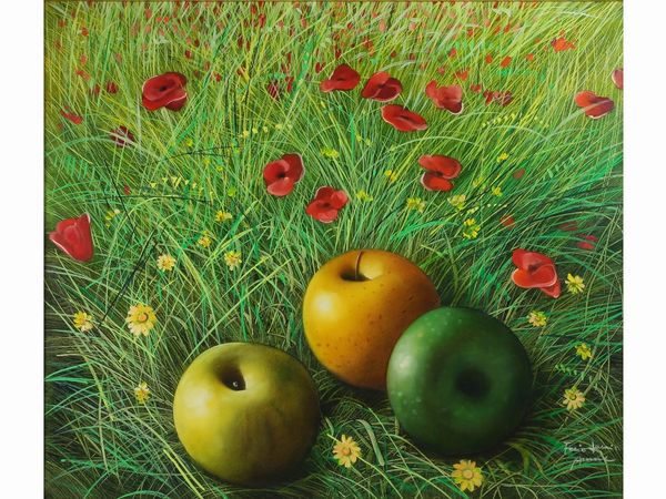Mele nel prato con i papaveri  - Asta Casa Lazzi - parte prima Arredi, dipinti, vetri di Murano, curiosit� - Associazione Nazionale - Case d'Asta italiane