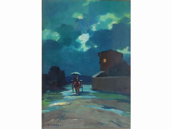 Renato Natali : Paesaggio notturno con carrozza  - Asta Casa Lazzi - parte prima Arredi, dipinti, vetri di Murano, curiosit - Associazione Nazionale - Case d'Asta italiane