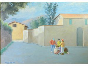 Nino Tirinnanzi - Scorcio di paese con giocatori di toppa