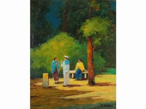 Renato Natali - Scorcio di parco con marinaio e figure femminili