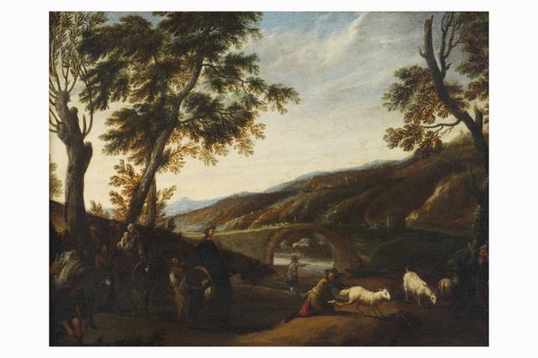 Scuola del XVIII secolo Paesaggio con contadini e pastori  - Asta Dipinti Antichi - Associazione Nazionale - Case d'Asta italiane