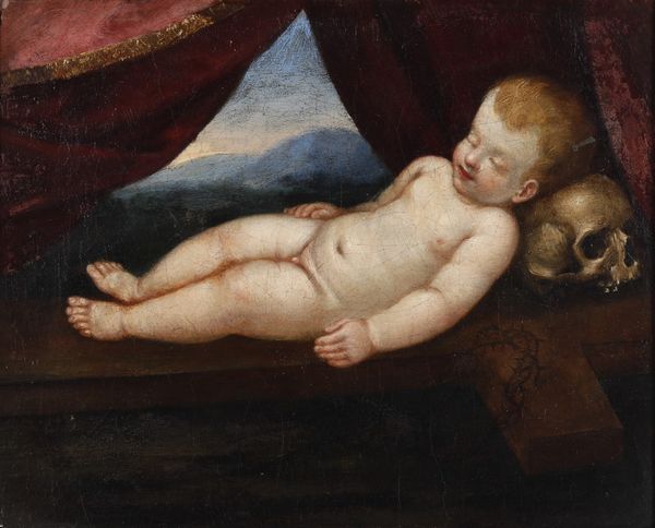 Luigi Miradori detto il Genovesino, Ambito di : Vanitas con Ges� Bambino dormiente  - Asta Dipinti Antichi - Associazione Nazionale - Case d'Asta italiane