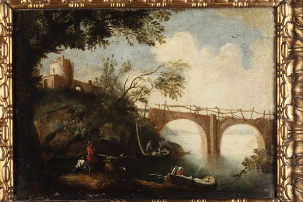 Scuola veneta del XVIII secolo Paesaggio con figure in riva al fiume  - Asta Dipinti Antichi - Associazione Nazionale - Case d'Asta italiane