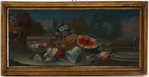 Francesco Lavagna, nei modi di - Natura morta con fiori, anguria e vasellame