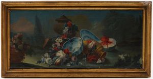 Francesco Lavagna, nei modi di : Natura morta con fiori, anguria e vasellame  - Asta Dipinti Antichi - Associazione Nazionale - Case d'Asta italiane