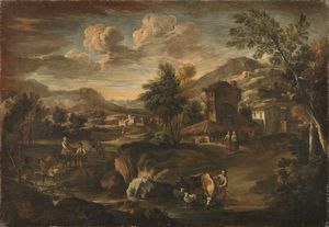 Scuola veneta del XVIII secolo - Paesaggio fluviale con viaggiatori e gregge e Paesaggio fluviale con contadini e armenti