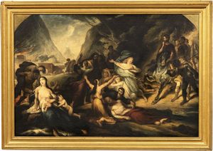 Ignoto pittore romantico del XIX secolo - Scena di genere con incendio e saccheggio di citt�