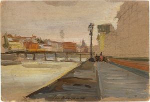 Pietro Annigoni - Passerella in legno sul Lungarno fiorentino