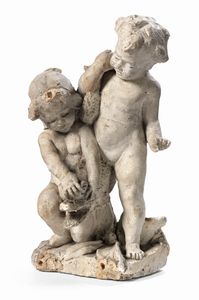 Ignoto scultore fine XIX secolo - Due putti su un delfino