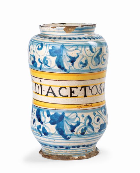 Albarello in maiolica policroma bianco, blu, giallo e manganese  - Asta Dipinti e Sculture del XIX e XX secolo - Associazione Nazionale - Case d'Asta italiane