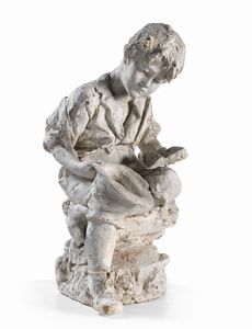 Ignoto scultore scuola napoletana fine XIX secolo - Bambino che chiede l'elemosina e legge un libro