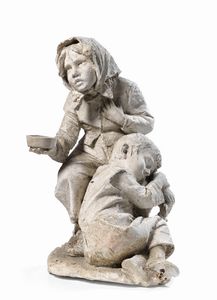 Ignoto scultore scuola napoletana fine XIX secolo - Una bambina chiede l'elemosina mentre il fratellino dorme