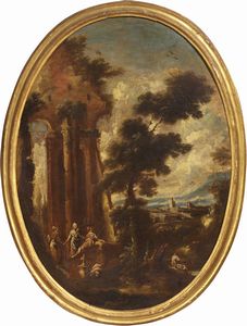Scuola genovese del XVII secolo - Paesaggio con rovine architettoniche e pastori