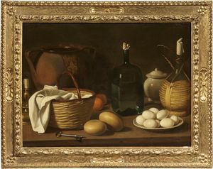 Carlo Magini - Natura morta con cesto di vimini, chiave, formaggi e piatto con uova
