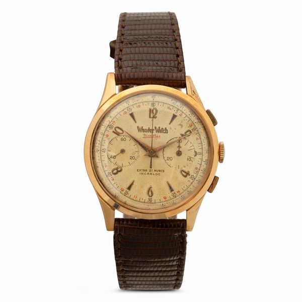 WYLER VETTA : Cronografo in oro rosa 18k carica manuale due contatori, tasti quadri, quadrante gren� con indici applicati, 37 mm  - Asta Watches - Associazione Nazionale - Case d'Asta italiane