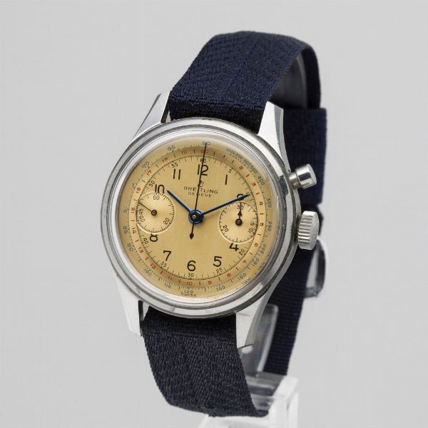 Breitling : Cronografo monopulsante in acciaio militare, carica manuale, quadrante champagne due contatori, 36,5 mm  - Asta Watches - Associazione Nazionale - Case d'Asta italiane